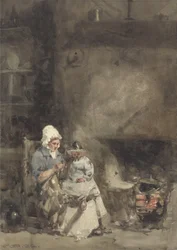 Uma mulher e criança por uma lareira, 1842 (wc sobre grafite no papel)