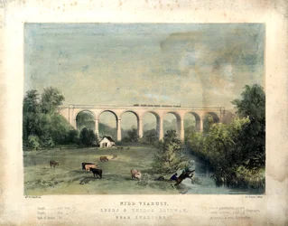 Nidd Viaduct, Leeds and Thirsk Railway, near Knaresbro", c.1850 (litografia colorida sobre papel)