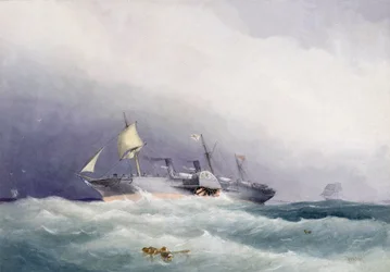 O navio a vapor "Atrato" da Royal Mail, construído em metal por Caird  Co, em Greenock, Inglaterra, em 1853. Pintura de 1864, aguarela de William Frederick Mitchell (1845-1914).