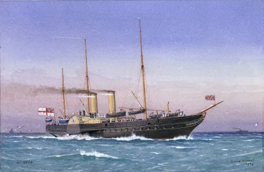 O iate real "Osborne" (1870), a todo o vapor e com as velas dobradas, no mar. Aguarela