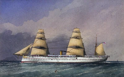 O navio HMS "Jumna" (1866), um barco da Marinha Real com casco de ferro, para o transporte de tropas de e para o subcontinente indiano. Aguarela