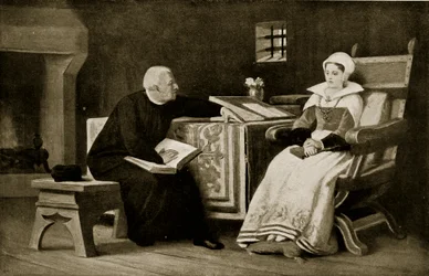 Lady Jane Grey na prisão, ilustração da "História da nação britânica" de Hutchinson, c.1923