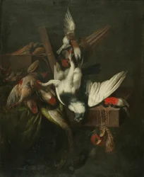 Natureza-morta com pombo morto, tentilhões e capuzes de falcão (óleo sobre tela)