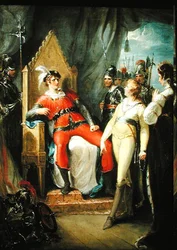 Eduardo Príncipe de Gales e sua mãe Rainha Margarida (1430-82) trazidos perante o Rei Eduardo IV (1442-83) após a Batalha de Tewkesbury (óleo sobre tela)