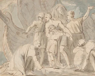Tema histórico com homens e um rapaz perto de um navio recto..., 1770-80.