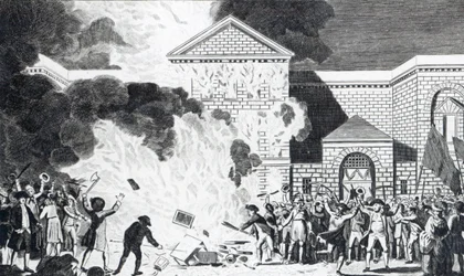 As devastações ocasionadas pelos desordeiros de Londres, disparando a Nova Prisão de Newgate e queimando a mobília do Sr. Akerman, 6 de junho de 1780, gravada por T. Thornton