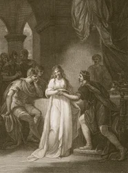 Vortigern e Rovena, gravados por Delatre, ilustração de "The History of England", de David Hume, pub. por R. Bowyer, Londres, 1812