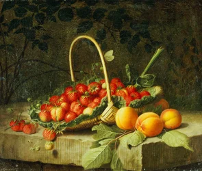 Uma cesta de morangos com pêssegos em uma borda de pedra, 1856