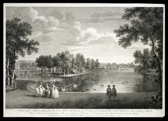 Vista do lago a partir do centro Caminhada no jardim em West Wycombe, Buckinghamshire, gravado por William Woollett (1735-85)