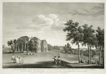 Vista da casa e parte do jardim em West Wycombe, Buckinghamshire, gravado por William Woollett (1735-85)