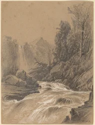 Paisagem de montanha, córrego e cachoeira