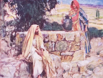 Cristo e a mulher de Samaria, de The Bible Story publicado por Hodder & Stoughton, c.1930