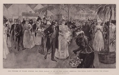 A Princesa de Gales abrindo o Press Bazaar na Ajuda do Hospital de Londres, a Festa Real visitando as Barracas