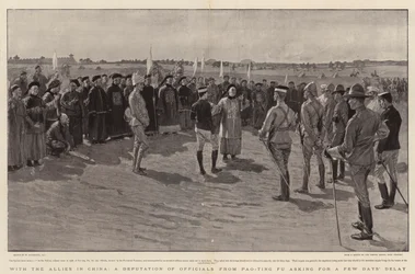 Com os Aliados na China, uma delegação de funcionários de Pao-ting Fu pedindo um atraso de alguns dias