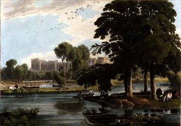 Vista do Castelo de Windsor do parque infantil do Colégio Eton, gravada por Robert Havell (1769-1832) 1814 (gravação a cores)