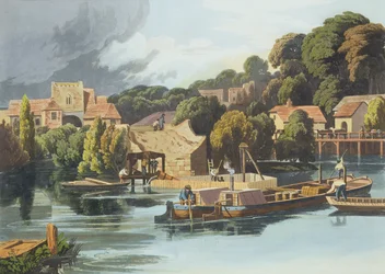 Castelo de Wallingford em 1810 durante reparos de ponte, gravados por Robert Havell o mais novo (1793-1878) publicou 1818 (aquatint)