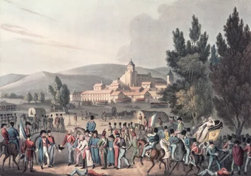 Batalha de Vittoria, 1813, Bringing in the Prisoners, gravada por I. Clarke, fotografada por M. DuBourg (aquatint)