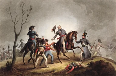 Morte de Sir John Moore (1761-1809), 17 de janeiro de 1809, de «Os feitos militares da Grã-Bretanha e dos seus aliados de 1799-1815», por James Jenkins, gravado por Thomas Sutherland (n. c. 1785), publicado