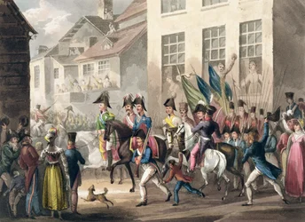 Entrada dos Aliados em Paris, em 31 de março de 1814, de "As realizações marciais da Grã-Bretanha e seus aliados de 1799 a 1815", de James Jenkins, gravada por Thomas Sutherland (bc1785), publi