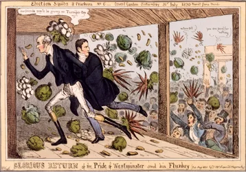 Retorno Glorioso do Orgulho de Westminster e seu Flunkey, da série &39;Squabs e Biscoitos Eleitorais&39;, 1830 (gravura colorida à mão)