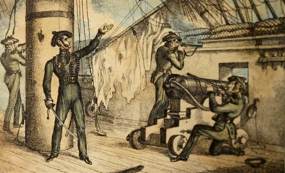 Fuzileiros marinhos em ação a bordo de um navio de guerra não identificado, c.1835 (gravura à mão colorida)