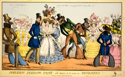 Peeping moderno Tom que merece ser enviado para Coventry, c.1829 (gravura colorida à mão)