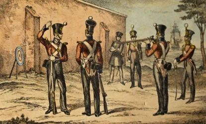Traje atual dos fuzileiros navais na prática de tiro redondo, c.1835 (gravura à mão colorida)