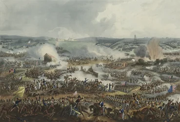 A Batalha de Waterloo, 18 de junho de 1815, água-tinta de Thomas Sutherland (1785-1838), publicada em «Martial Achievements» de James Jenkins, 1 de setembro de 1815