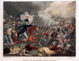 O Duque de Wellington (1769-1852) com tropas avançando na Batalha de Waterloo, ilustração de um poema narrativo do Dr. Syntax, 1818 (aquatinta colorida)