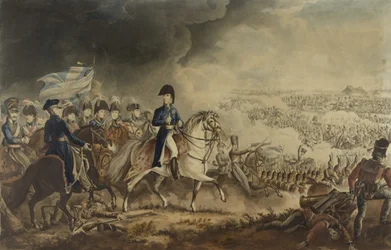 O Duque de Wellington e os Oficiais Mais Distintos na Batalha de Waterloo, 18 de junho de 1815, aquatint por WT Fry e T. Sutherland, publicado por J. Jenkins, Londres, 18 de junho de 1817 (aquati colorido
