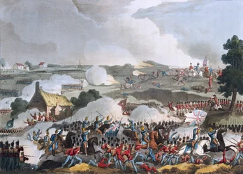 O centro do exército britânico em ação na batalha de Waterloo, 18 de junho de 1815, aquatint por Sutherland, 1815 (aquatint colorido)