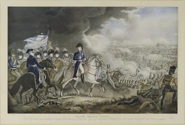 «À nação britânica», o duque de Wellington e os oficiais mais ilustres na Batalha de Waterloo, 18 de junho de 1815, água-tinta de W. T. Fry e T. Sutherland, publicada por J. Jenkins, Londres, 18