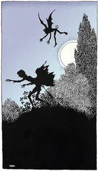 Um duende representado no Ato III de "Sonho para uma noite de verão" de William Shakespeare (1595), desenho de W. Heat Robinson, edição ilustrada de 1914, Constable.