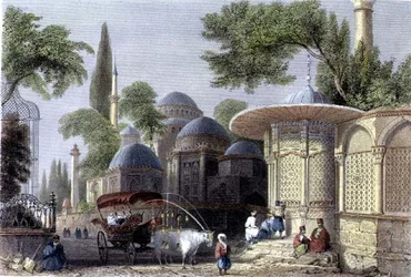 Fonte e Mesquita de Chahzade, gravada por Roberts Sands (1792-1855) c.1850 (aquatint)
