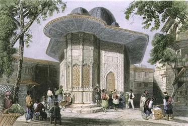 Fonte em Galata, Istambul, gravada por H. Griffiths, c.1850 (aquatint)