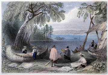 Construção de canoas nas Ilhas Pappers perto do Rio Ottawa - em "Canadian scenery illustrated" por Bartlett W. H.