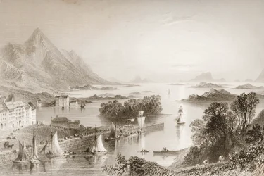 Clew Bay visto de Westport, Condado de Mayo, de "Cenário e Antiguidades da Irlanda" por George Virtue, de 1860