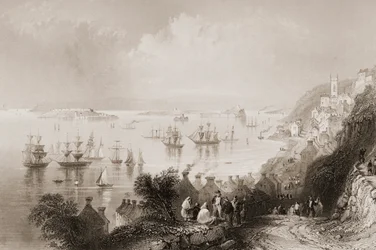 Cobh Harbour, Cork, Irlanda, de "Cenário e Antiguidades da Irlanda" por George Virtue, de 1860