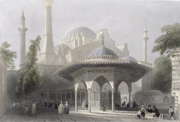 Corte e Fonte de Santa Sofia, Istambul, gravada por J. Redaway, c.1850 (aquatint)