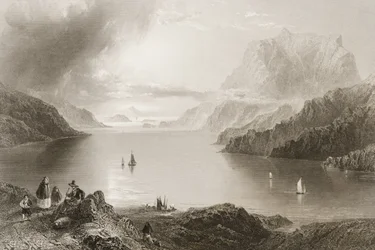 Eagle Mountain, Killeries, Connemara, Condado de Galway, de "Cenário e Antiguidades da Irlanda" por George Virtue, de 1860