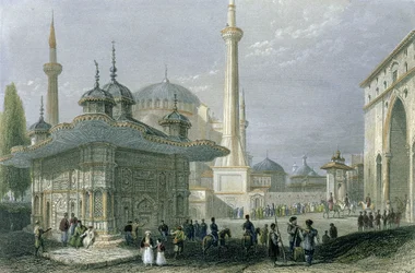 Fonte e Praça de Santa Sofia, Istambul, gravada por T. Higham, c.1850 (aquatint)