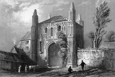 Porta de entrada da Abadia de São João, Colchester, Essex, gravada por Samuel Lacey, 1832