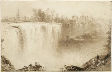 Genesee Falls, Rochester, Nova York: Estudo para uma gravura, 1836 (lavagem de tinta marrom com arranhar no papel)