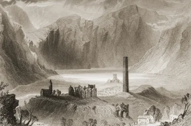 Glendalough, Condado de Wicklow, na Irlanda, de "Cenário e Antiguidades da Irlanda" por George Virtue, de 1860