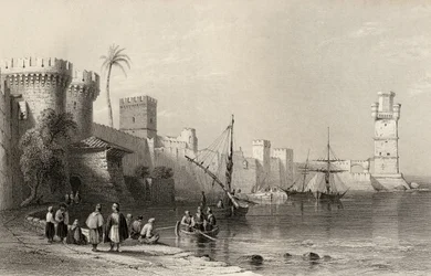 Porto de Rodes, na Grécia, gravado por JC Armytage (1820-97)