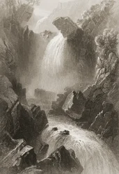 Cabeça do Vale do Diabo, Condado de Wicklow, na Irlanda, de "Cenário e Antiguidades da Irlanda" por George Virtue, década de 1860 (gravura)