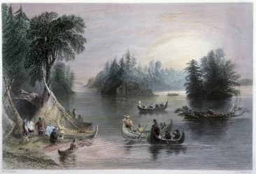 Indian Tipis and Canoes, Banks of the St Laurent - em "Canadian scenery illustrated" por W.H. Bartlett, Londres