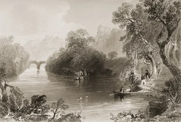 Killarney, Old Weir Bridge, Condado de Killarney, na Irlanda, de "Cenário e Antiguidades da Irlanda" por George Virtue, de 1860 (gravura)