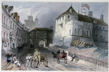 La porte "Priscott Gate" na cidade de Quebec, Canadá - em "Canadian Scenary illustrated" por William Henri Barlett, ed. George Virtue