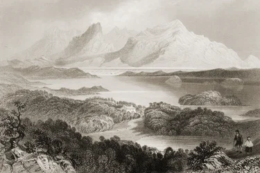 Lago Garromin, Connemara, Condado de Galway, de "Cenário e Antiguidades da Irlanda" por George Virtue, de 1860